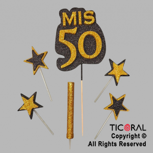 ADORNO DE TORTA SET MIS 50 CON 4 ESTRELLAS Y BENGALA GIBRE ORO x 1